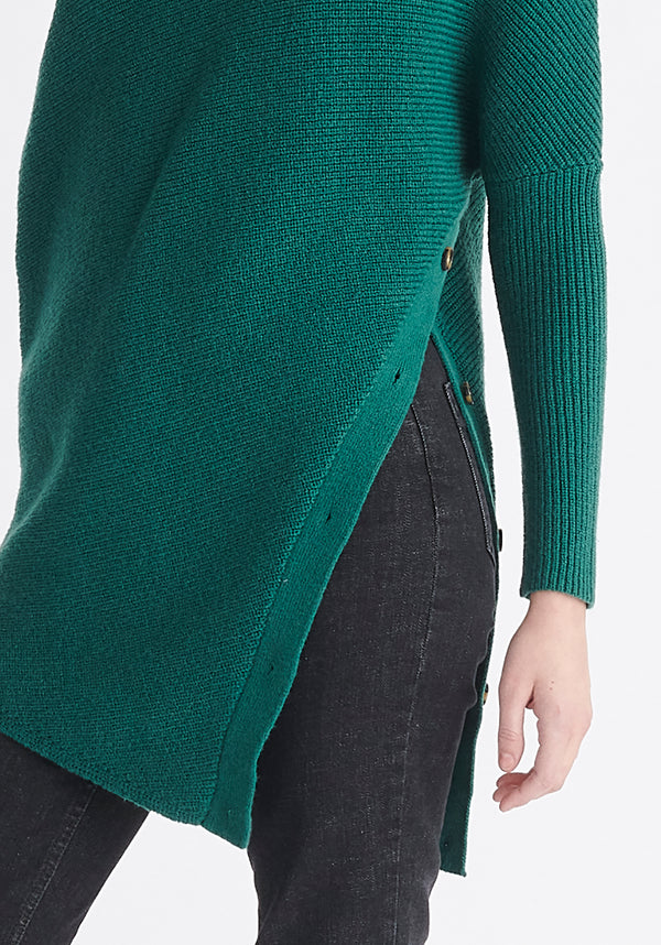 Paisie Asymmetric Button Slit Jumper in Green Close Up